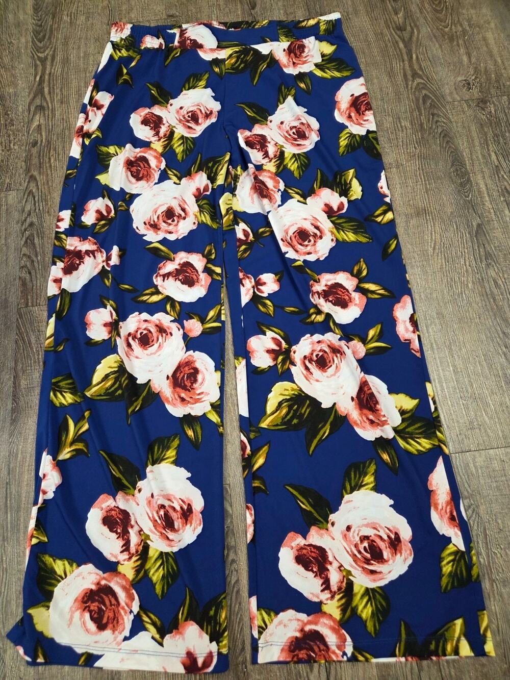 IMAN Dark Royal Blue Roses Floral Print Wide leg Pants Size XL